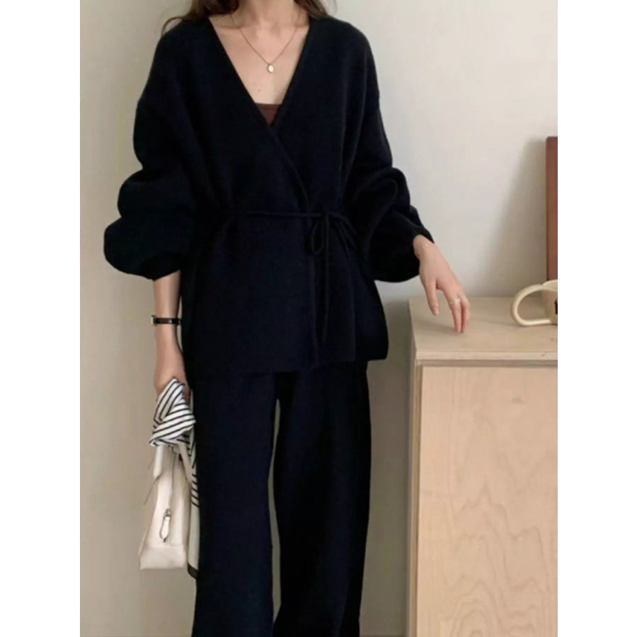 V-Neck Tied Wrap Cardigan and Wide-Leg Pants Sweater Set Apparel Accessories