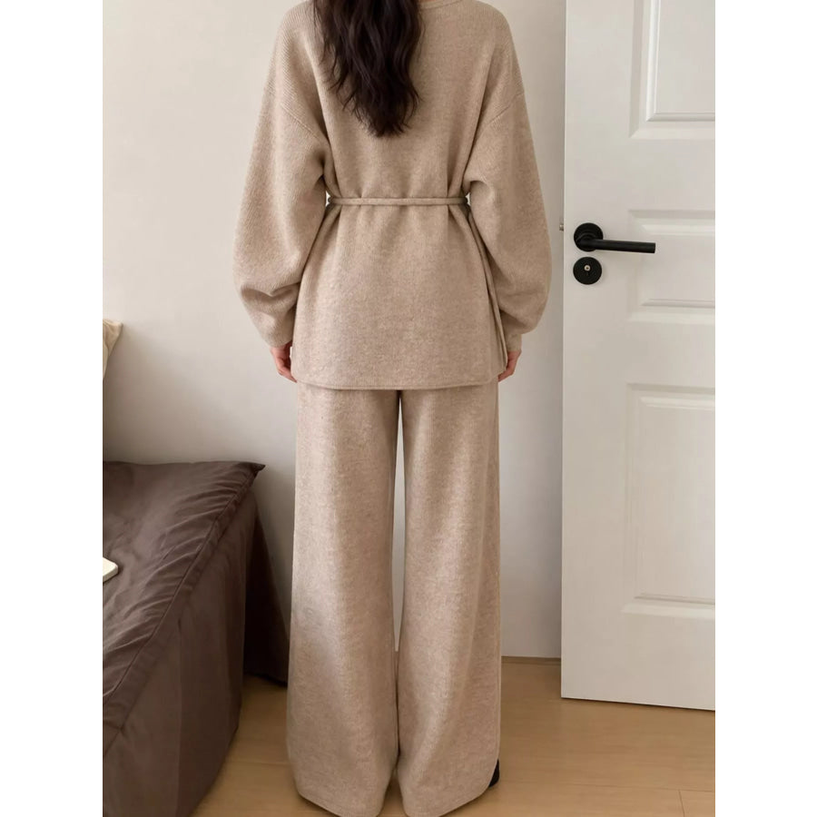 V-Neck Tied Wrap Cardigan and Wide-Leg Pants Sweater Set Apparel Accessories