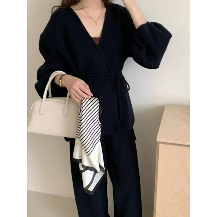 V-Neck Tied Wrap Cardigan and Wide-Leg Pants Sweater Set Apparel Accessories