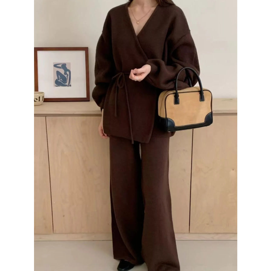 V-Neck Tied Wrap Cardigan and Wide-Leg Pants Sweater Set Apparel Accessories