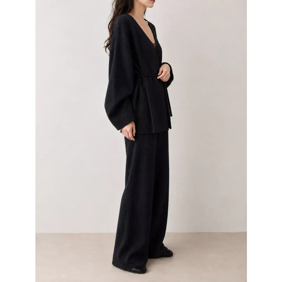 V-Neck Tied Wrap Cardigan and Wide-Leg Pants Sweater Set Apparel Accessories