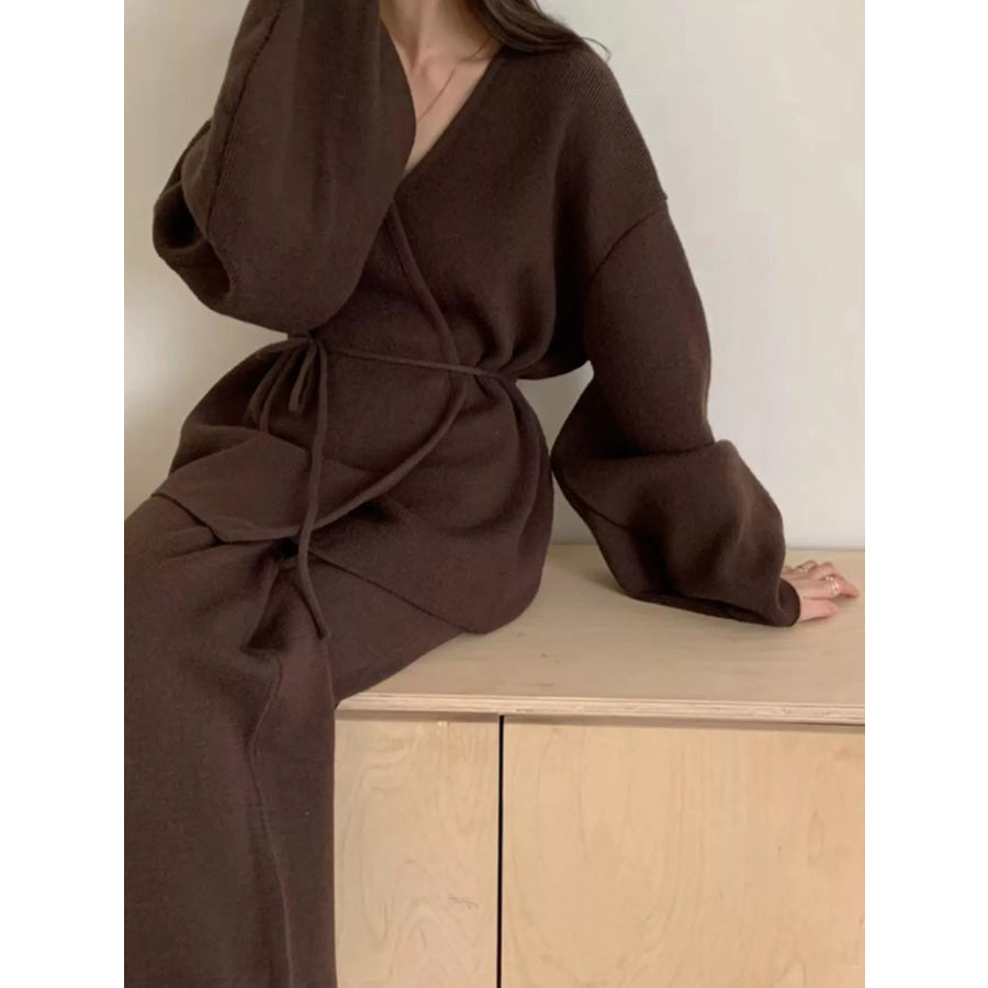V-Neck Tied Wrap Cardigan and Wide-Leg Pants Sweater Set Apparel Accessories