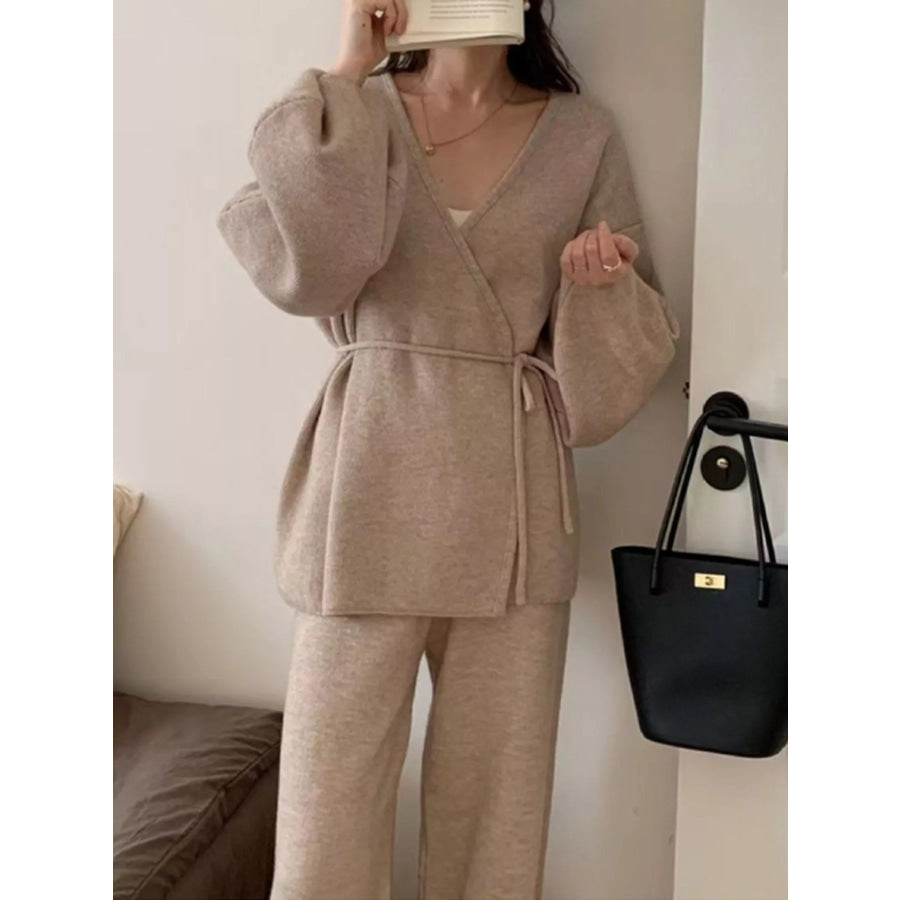V-Neck Tied Wrap Cardigan and Wide-Leg Pants Sweater Set Apparel Accessories