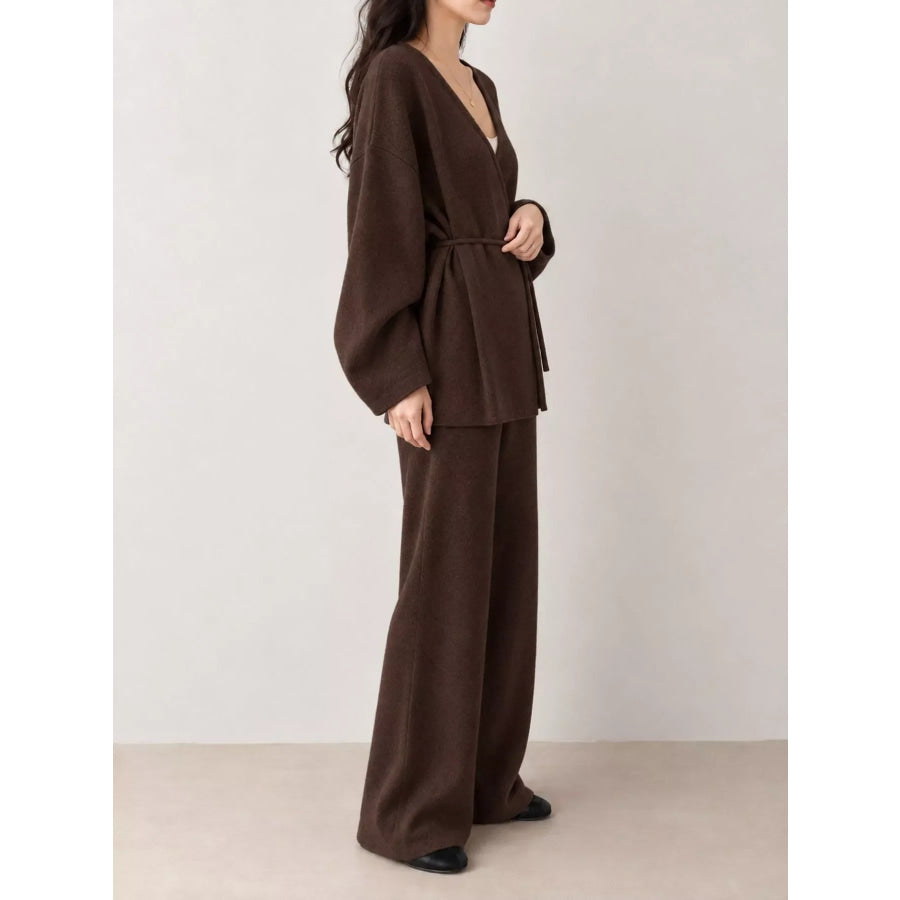V-Neck Tied Wrap Cardigan and Wide-Leg Pants Sweater Set Apparel Accessories