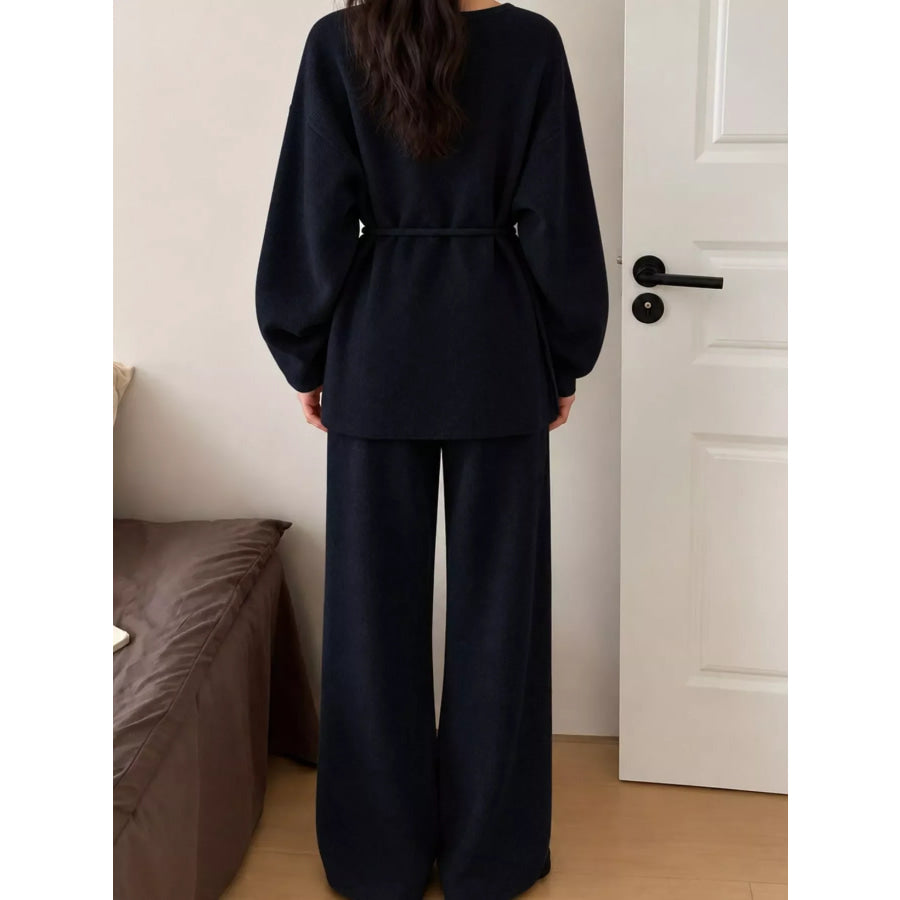 V-Neck Tied Wrap Cardigan and Wide-Leg Pants Sweater Set Apparel Accessories