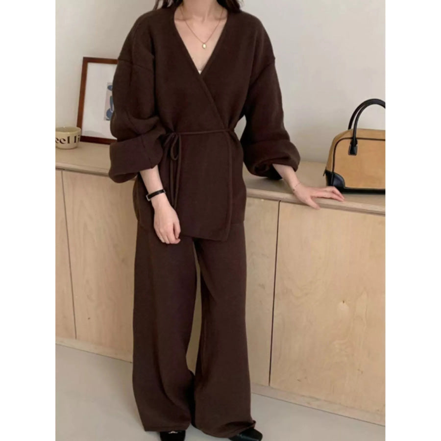 V-Neck Tied Wrap Cardigan and Wide-Leg Pants Sweater Set Apparel Accessories