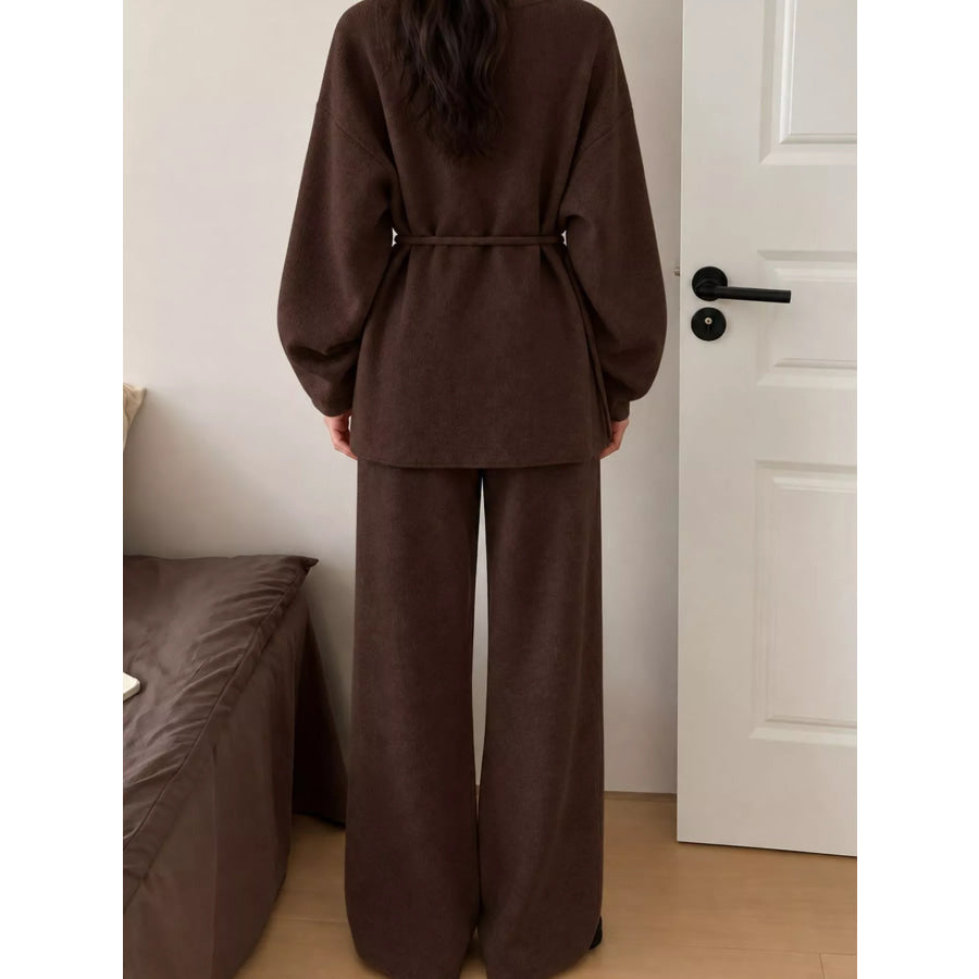 V-Neck Tied Wrap Cardigan and Wide-Leg Pants Sweater Set Apparel Accessories