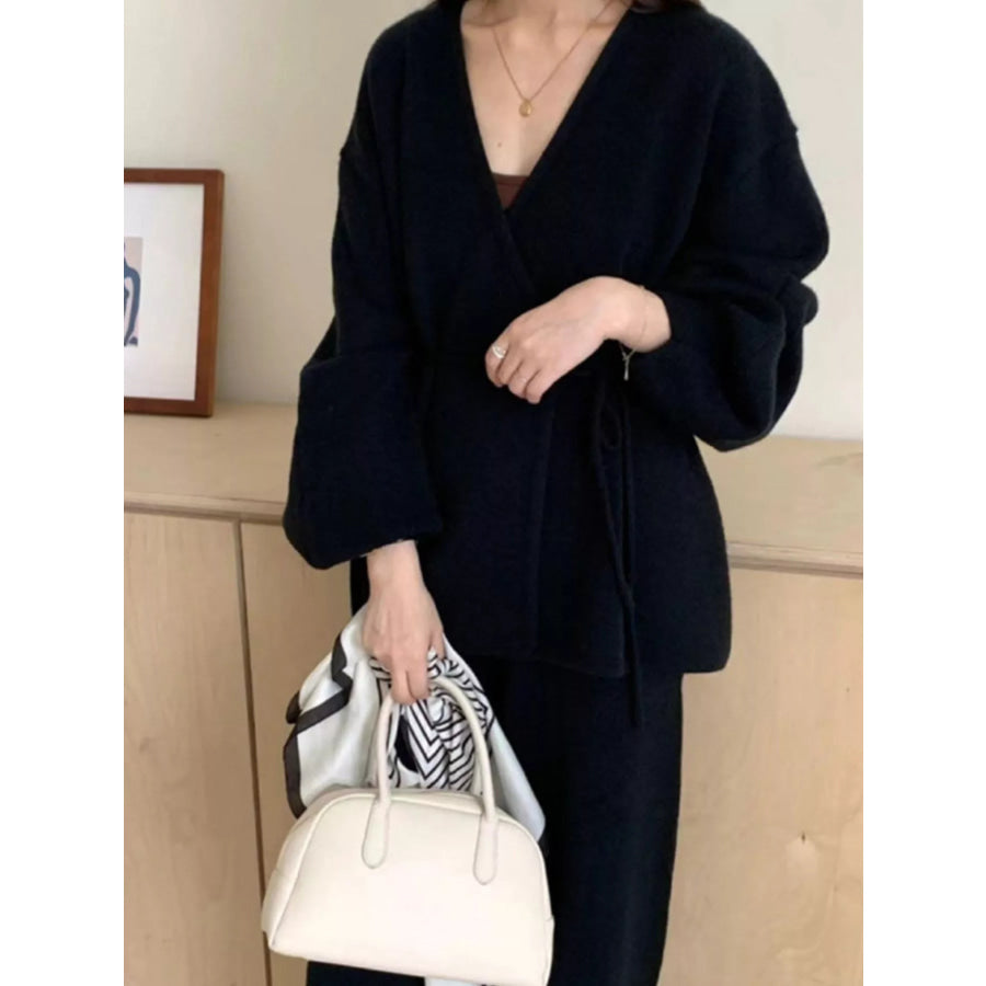 V-Neck Tied Wrap Cardigan and Wide-Leg Pants Sweater Set Black / One Size Apparel Accessories