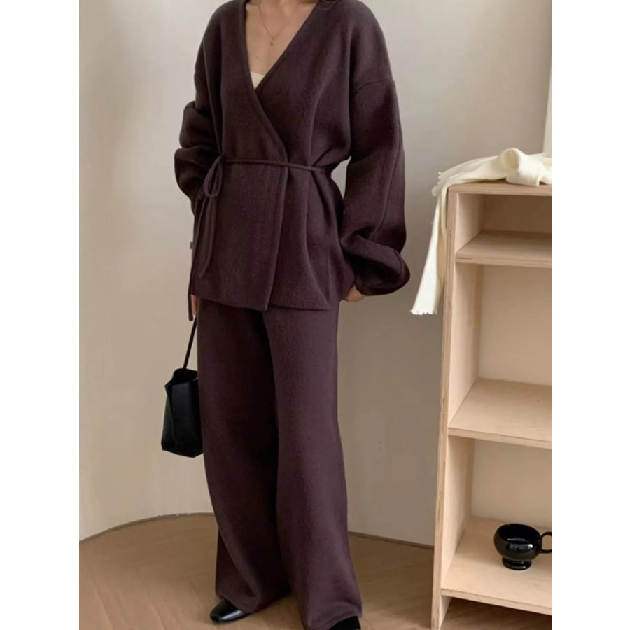 V-Neck Tied Wrap Cardigan and Wide-Leg Pants Sweater Set Coffee / One Size Apparel Accessories