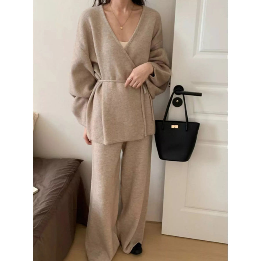 V-Neck Tied Wrap Cardigan and Wide-Leg Pants Sweater Set Oatmeal / One Size Apparel Accessories