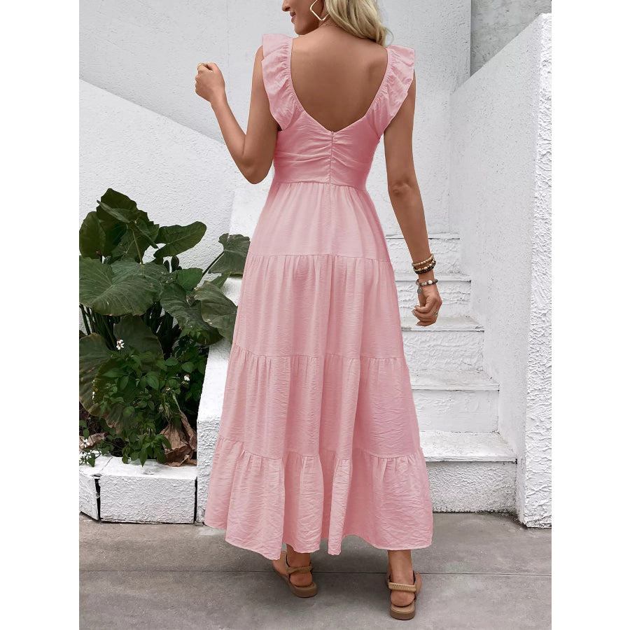 V-Neck Tiered Dress with Flutter Sleeves Apparel and Accessories