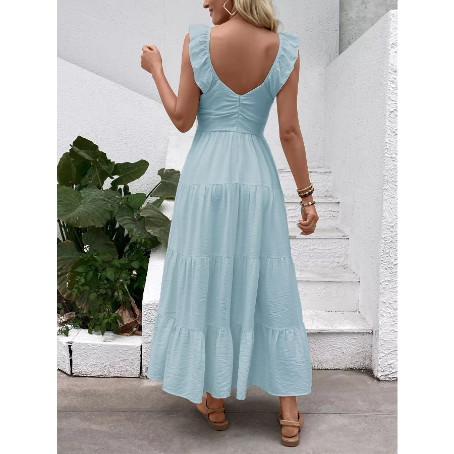 V-Neck Tiered Dress with Flutter Sleeves Apparel and Accessories