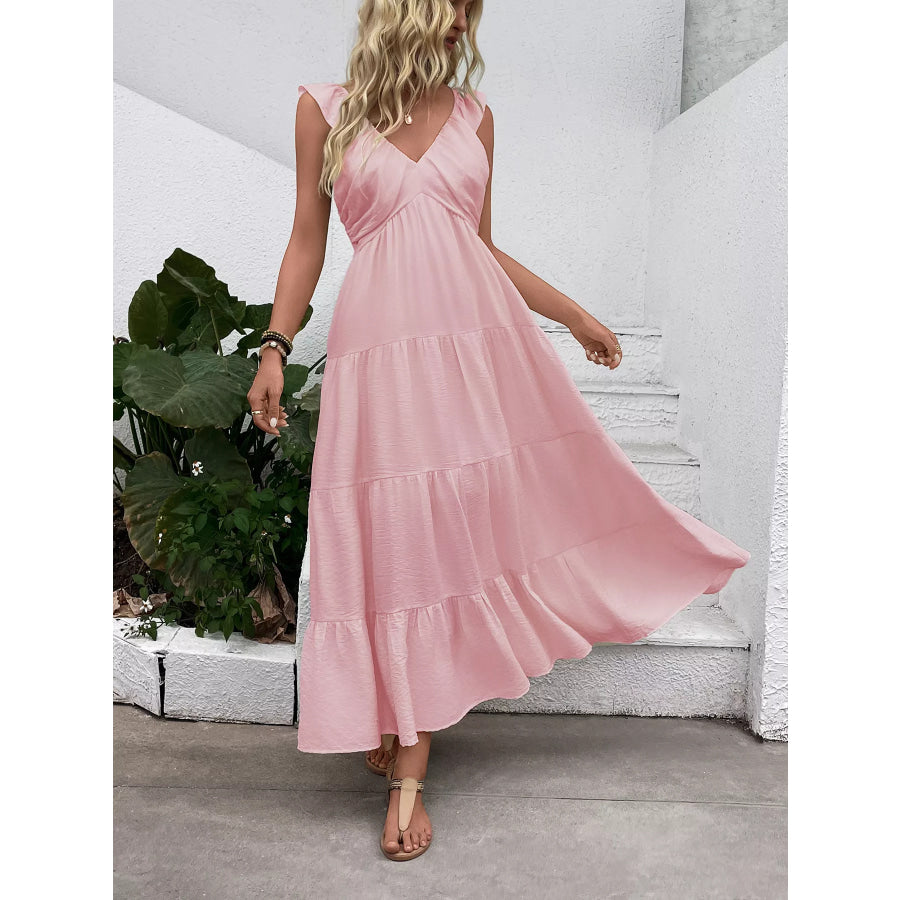 V-Neck Tiered Dress with Flutter Sleeves Apparel and Accessories