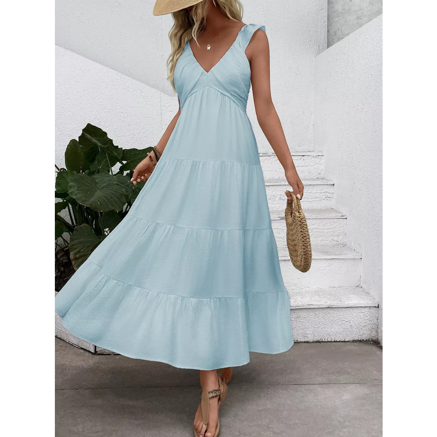 V-Neck Tiered Dress with Flutter Sleeves Apparel and Accessories
