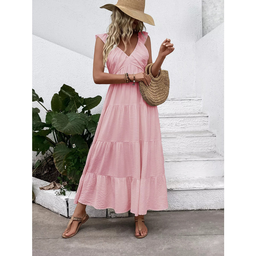 V-Neck Tiered Dress with Flutter Sleeves Apparel and Accessories