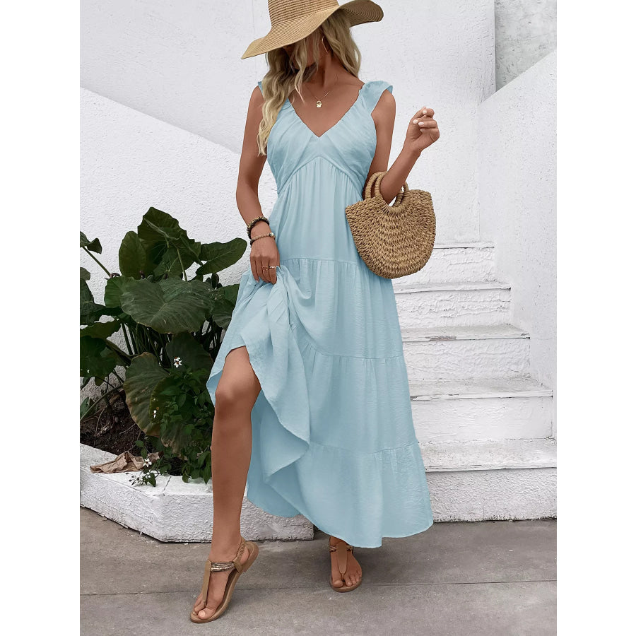 V-Neck Tiered Dress with Flutter Sleeves Apparel and Accessories