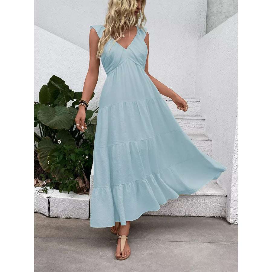 V-Neck Tiered Dress with Flutter Sleeves Apparel and Accessories