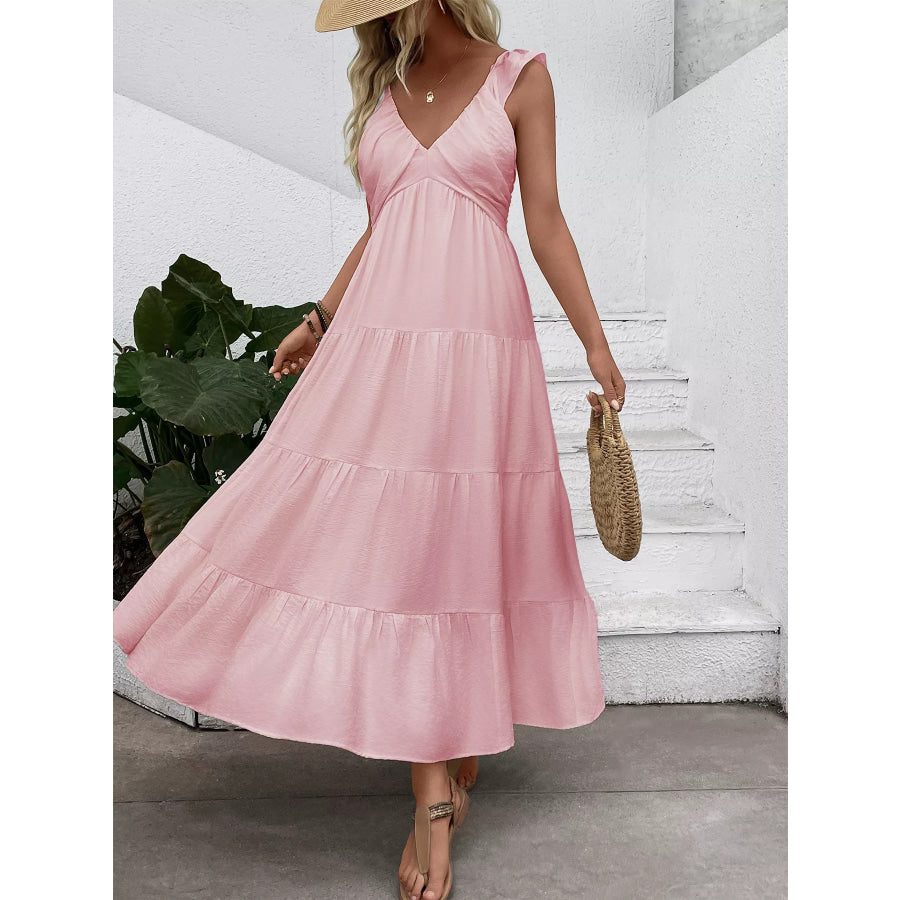 V-Neck Tiered Dress with Flutter Sleeves Apparel and Accessories