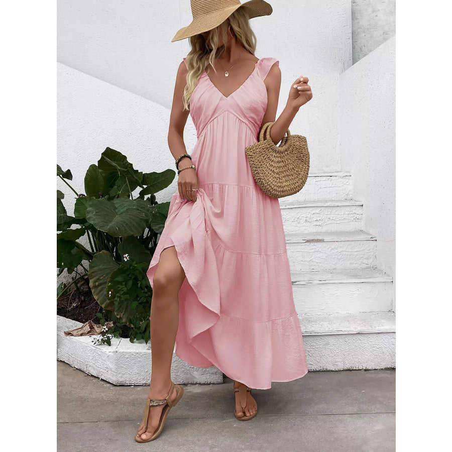 V-Neck Tiered Dress with Flutter Sleeves Blush Pink / S Apparel and Accessories
