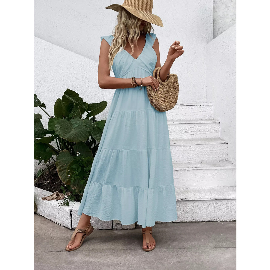 V-Neck Tiered Dress with Flutter Sleeves Light Blue / S Apparel and Accessories