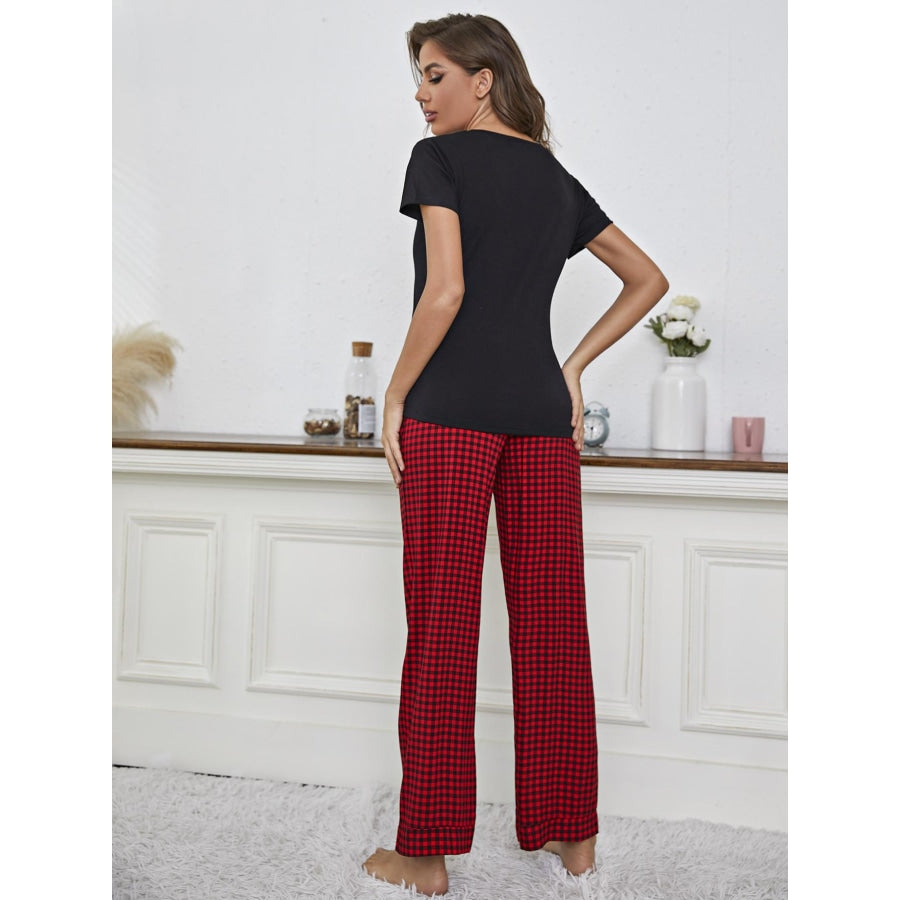 V-Neck Top and Gingham Pants Lounge Set Black/Red / XS