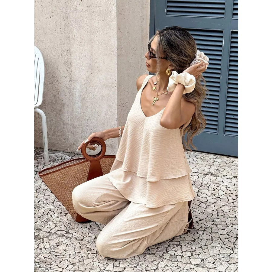 V-Neck Top and Wide-Leg Pants Set Apparel and Accessories