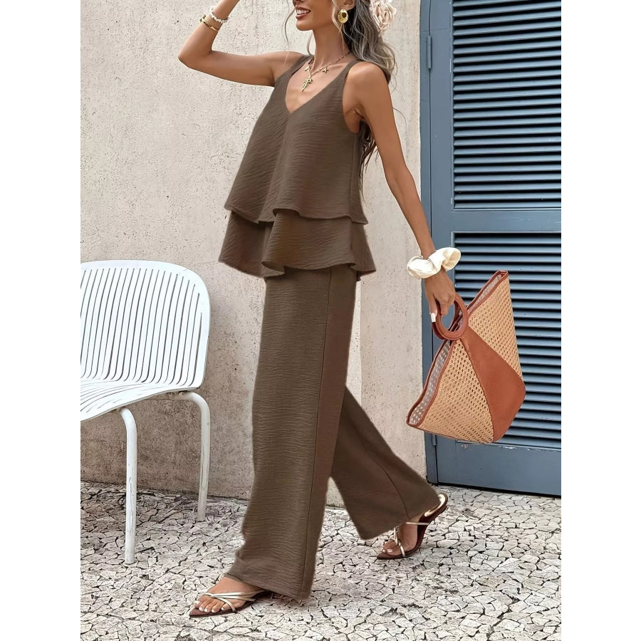 V-Neck Top and Wide-Leg Pants Set Apparel and Accessories