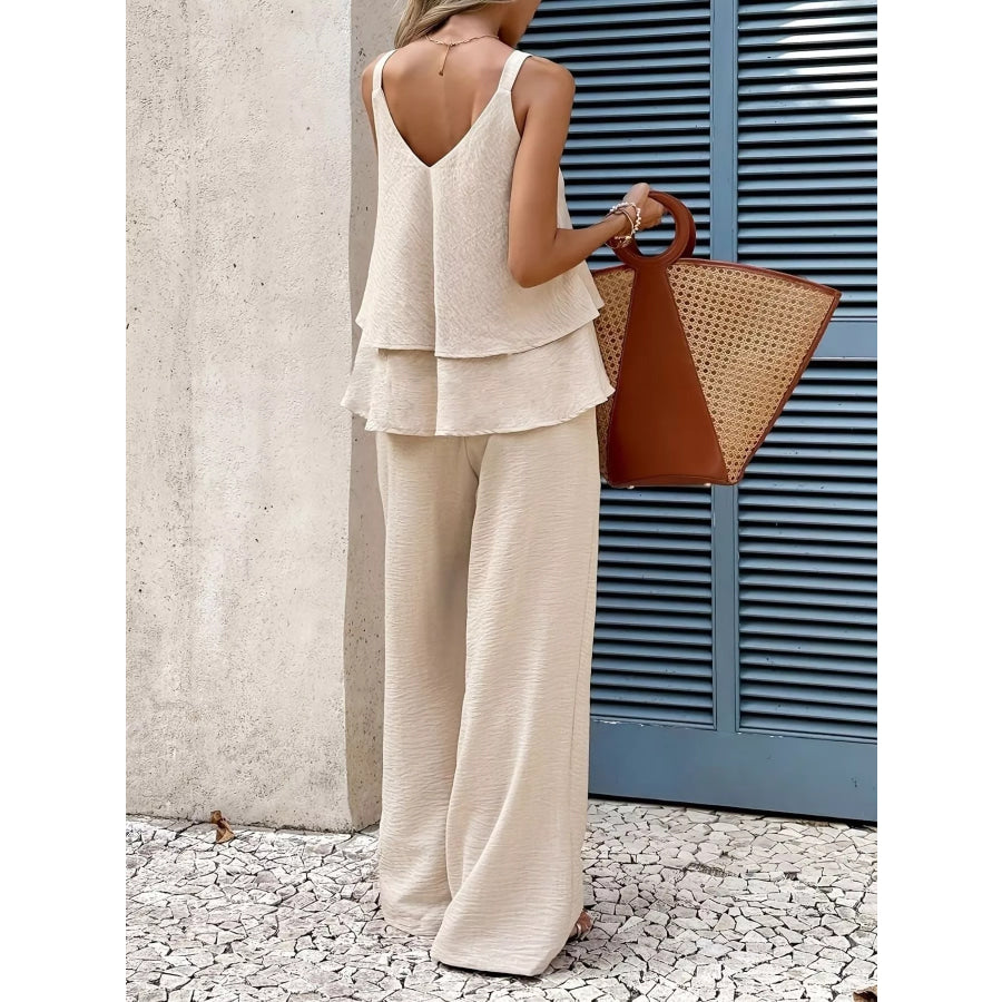 V-Neck Top and Wide-Leg Pants Set Apparel and Accessories