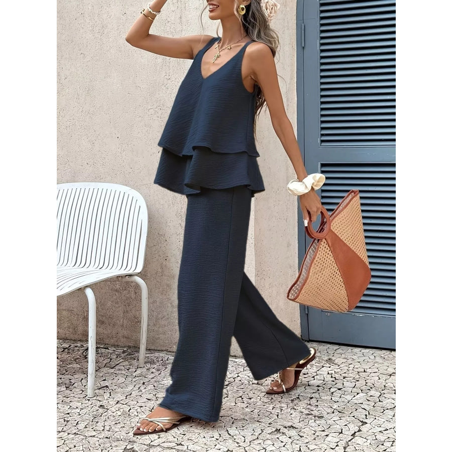 V-Neck Top and Wide-Leg Pants Set Apparel and Accessories