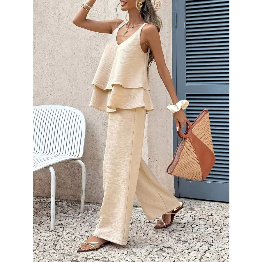 V-Neck Top and Wide-Leg Pants Set Apparel and Accessories