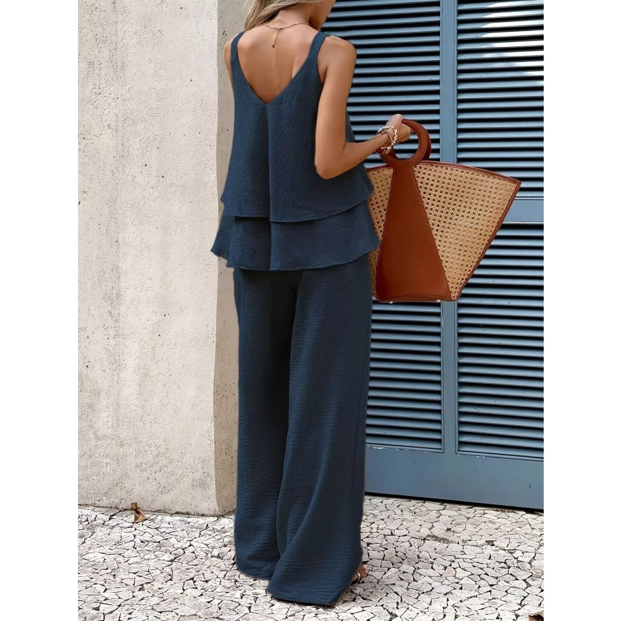 V-Neck Top and Wide-Leg Pants Set Apparel and Accessories
