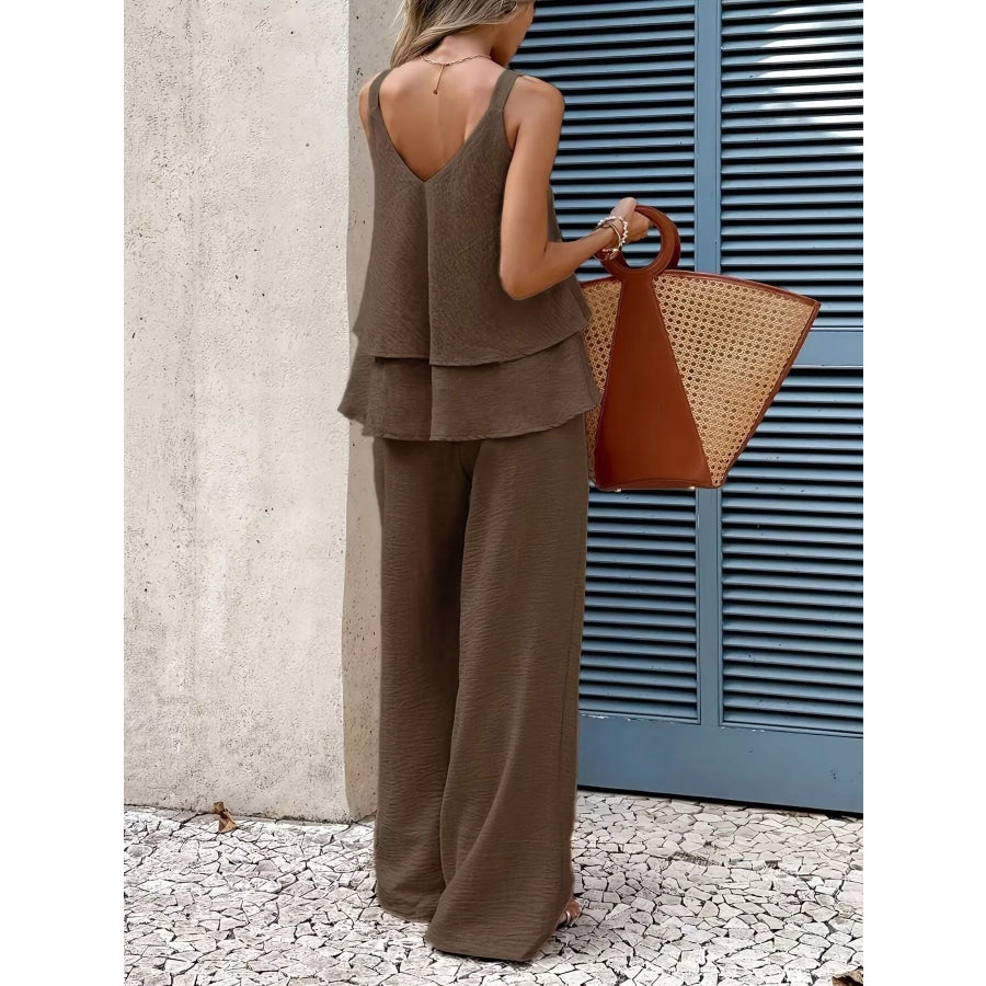V-Neck Top and Wide-Leg Pants Set Apparel and Accessories