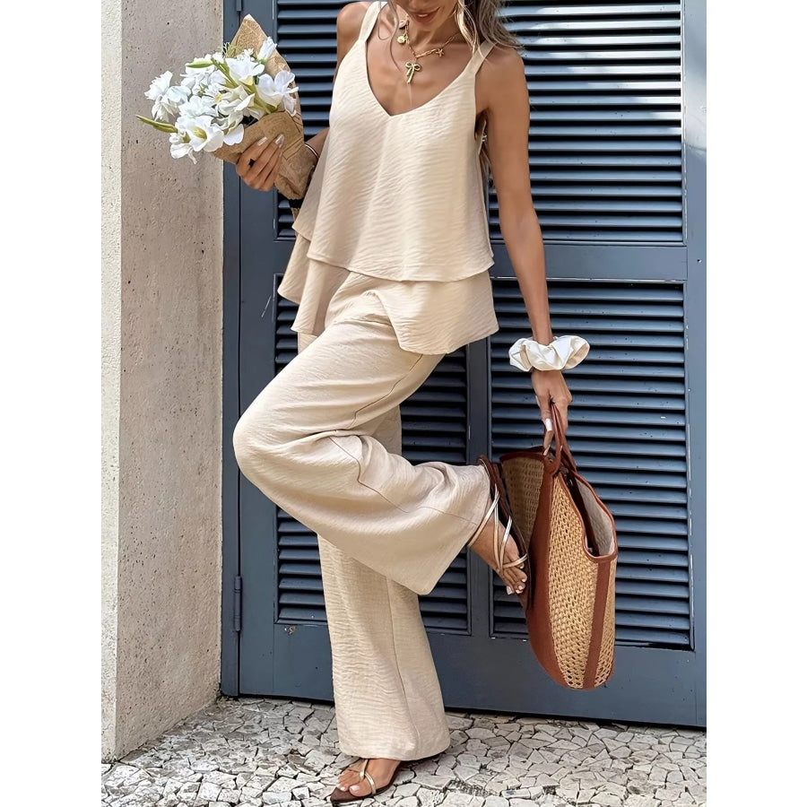 V-Neck Top and Wide-Leg Pants Set Apricot / S Apparel and Accessories