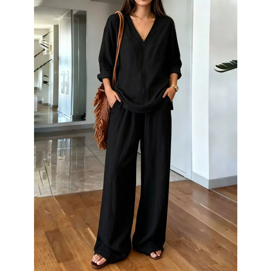 V-Neck Top and Wide-Leg Pants Set Black / S Apparel and Accessories