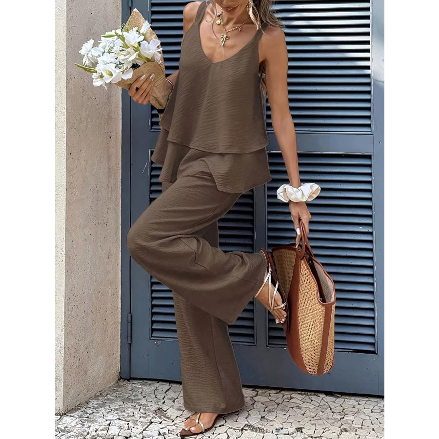 V-Neck Top and Wide-Leg Pants Set Brown / S Apparel and Accessories