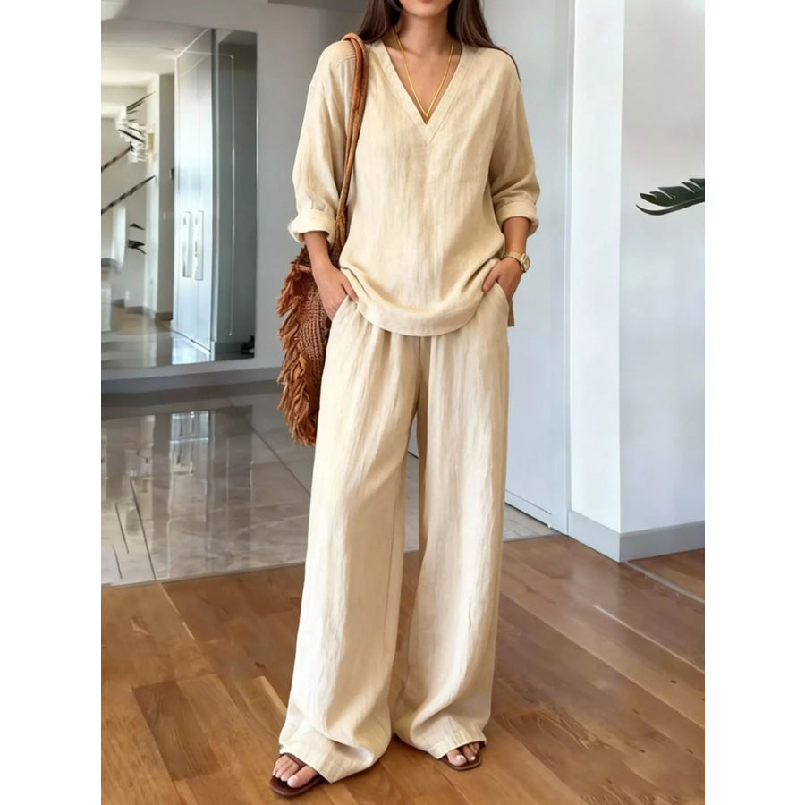 V-Neck Top and Wide-Leg Pants Set Cream White / S Apparel and Accessories