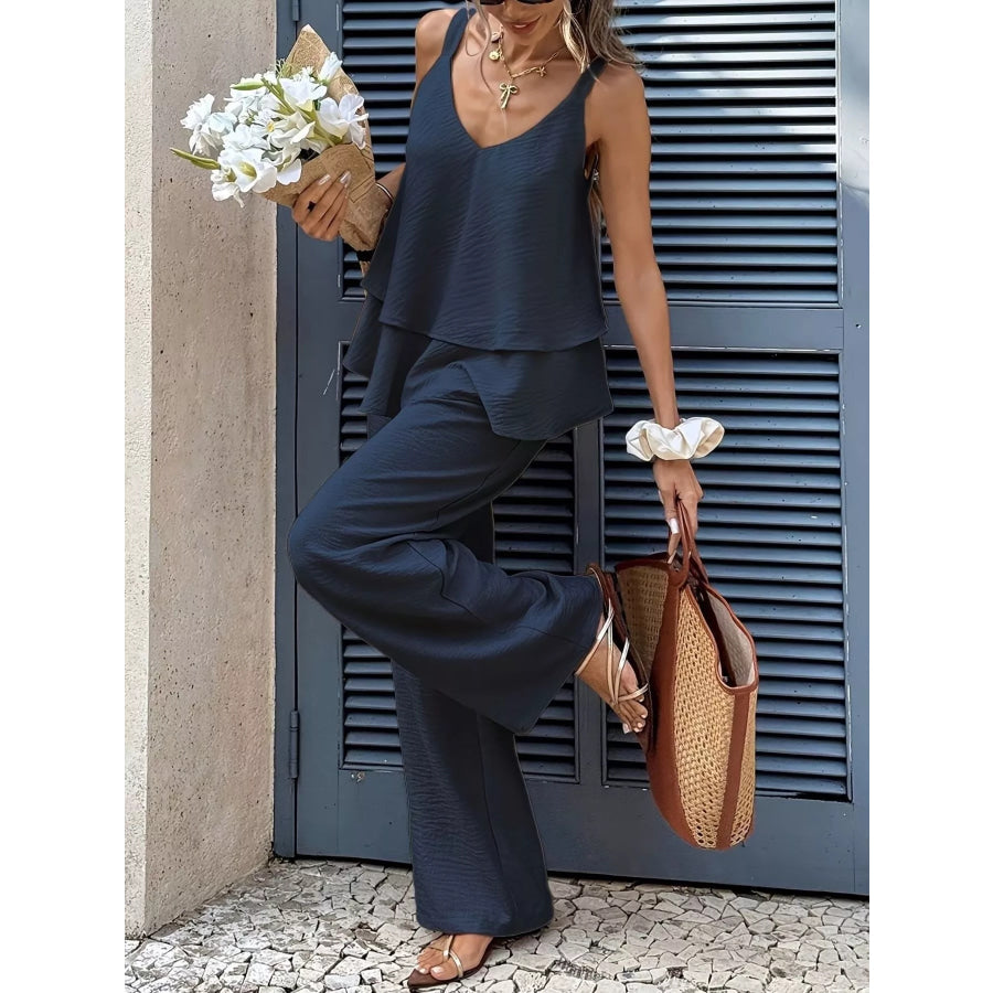 V-Neck Top and Wide-Leg Pants Set Navy Blue / S Apparel and Accessories