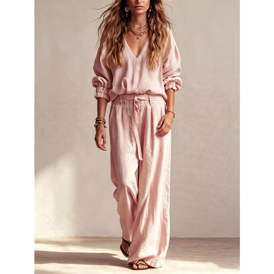V-Neck Top and Wide-Leg Pants Set Pink / S