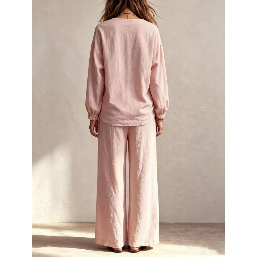 V-Neck Top and Wide-Leg Pants Set