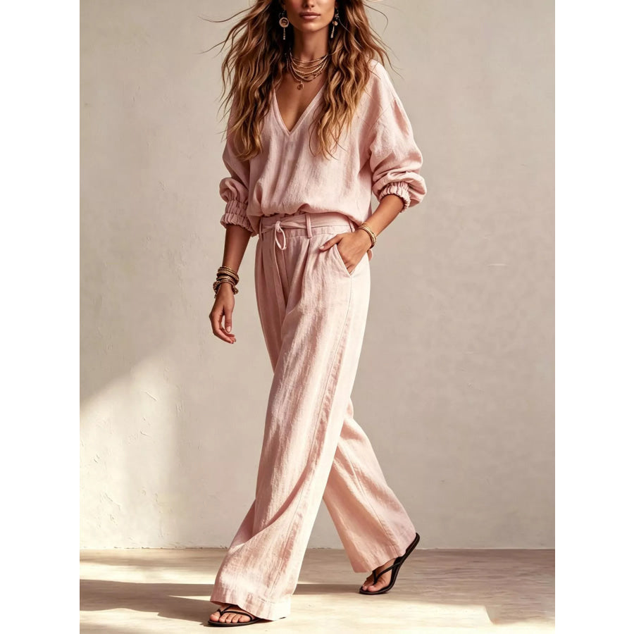 V-Neck Top and Wide-Leg Pants Set