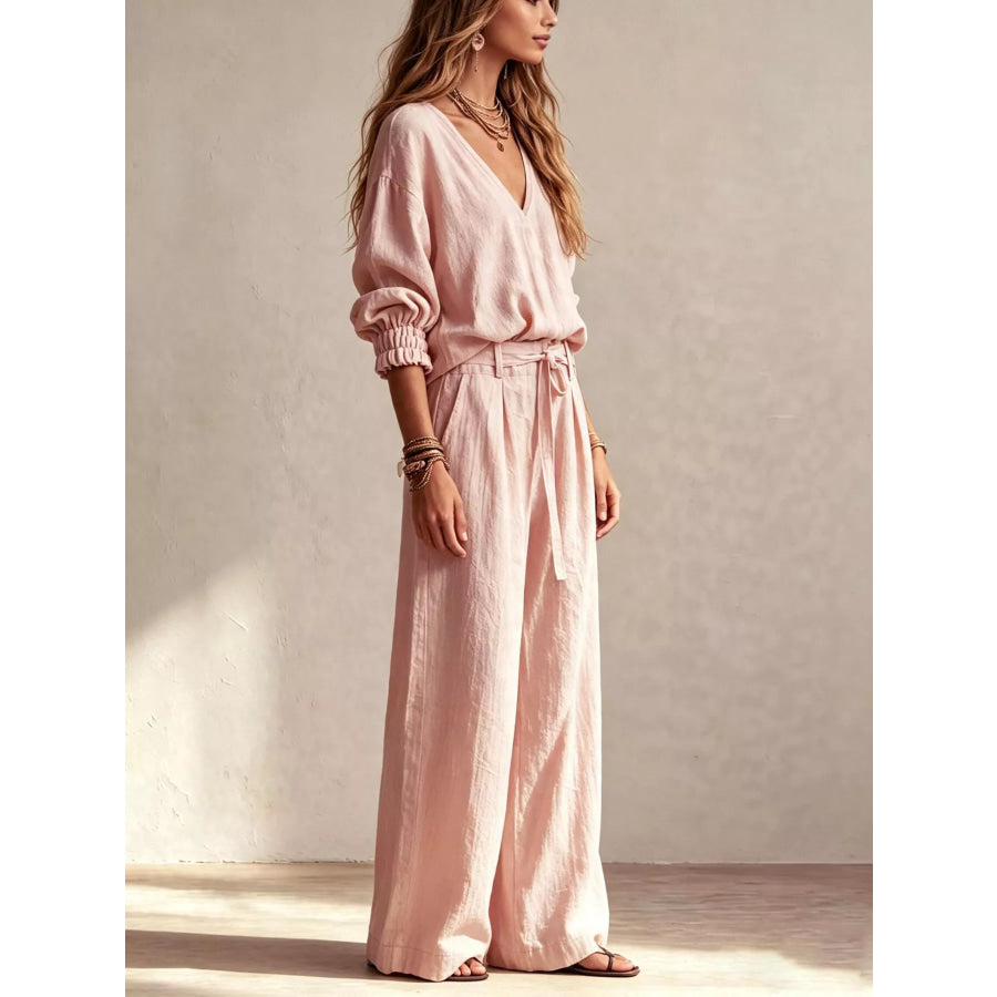 V-Neck Top and Wide-Leg Pants Set