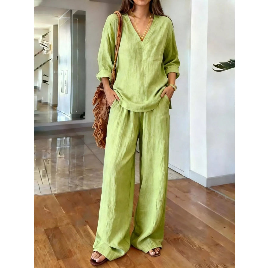 V-Neck Top and Wide-Leg Pants Set Yellow Green / S Apparel and Accessories