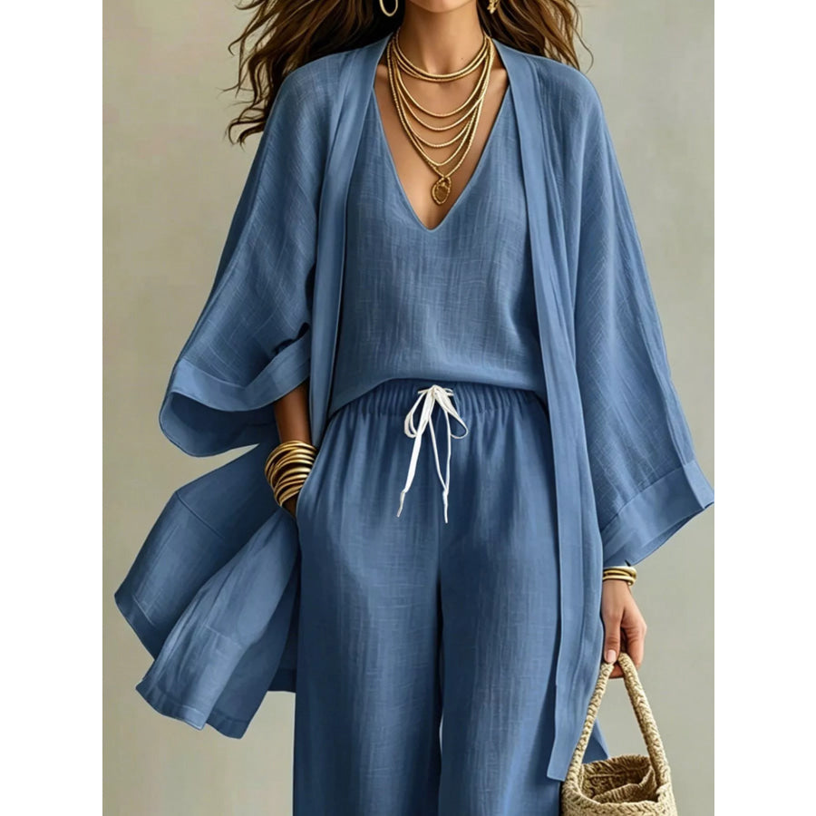 V-Neck Top & Cardigan & Pants Three-Piece Set Apparel and Accessories