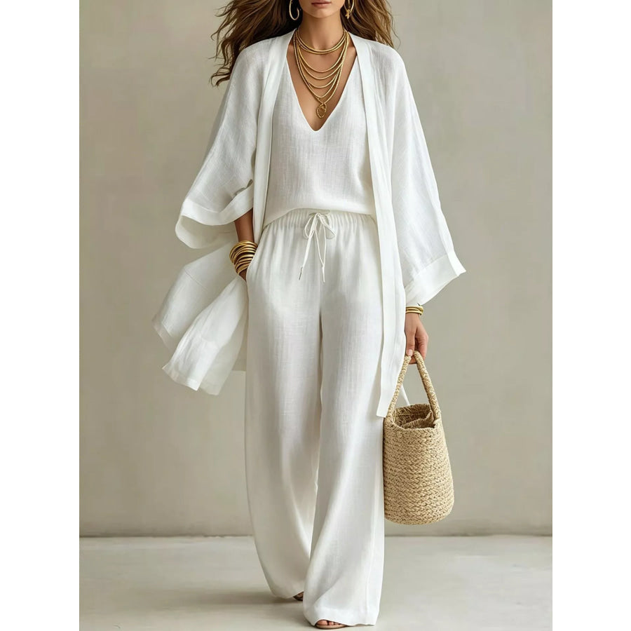 V-Neck Top & Cardigan & Pants Three-Piece Set Apparel and Accessories