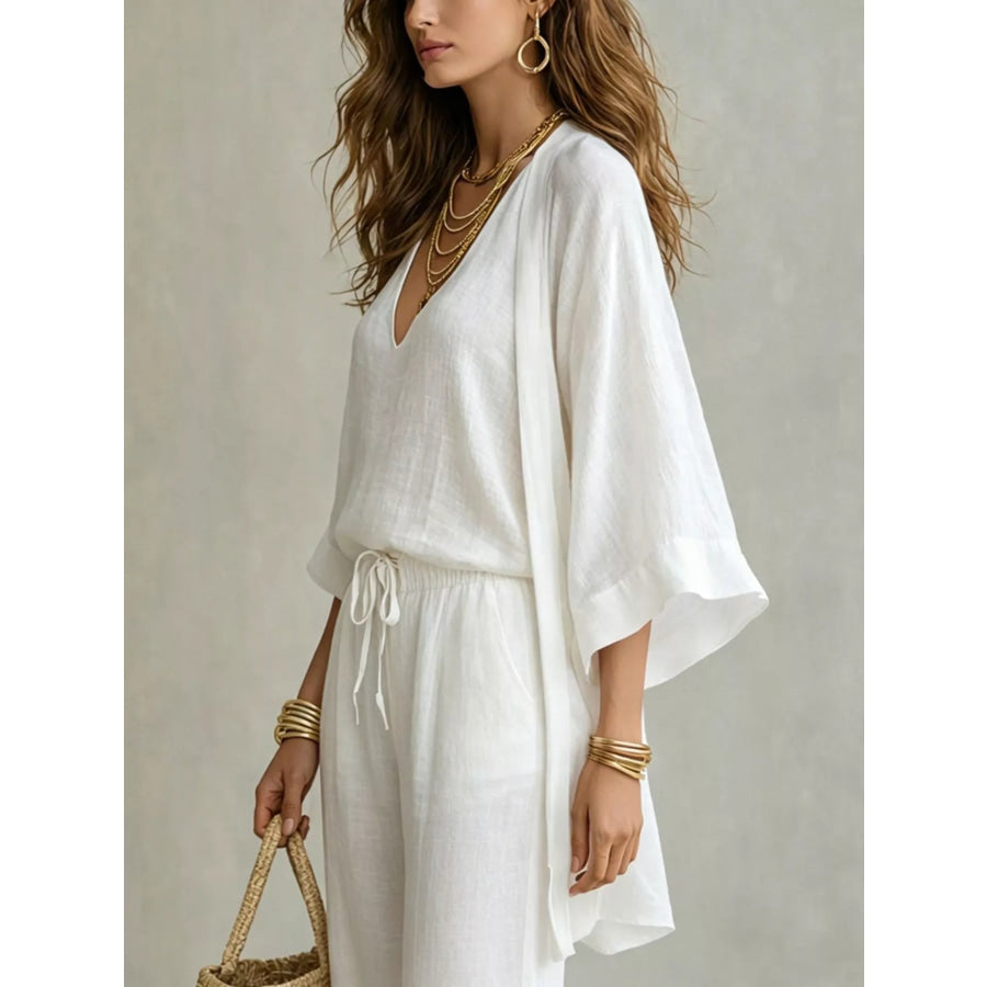V-Neck Top & Cardigan & Pants Three-Piece Set White / S Apparel and Accessories