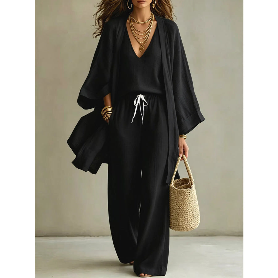 V-Neck Top & Cardigan & Pants Three-Piece Set Black / S Apparel and Accessories