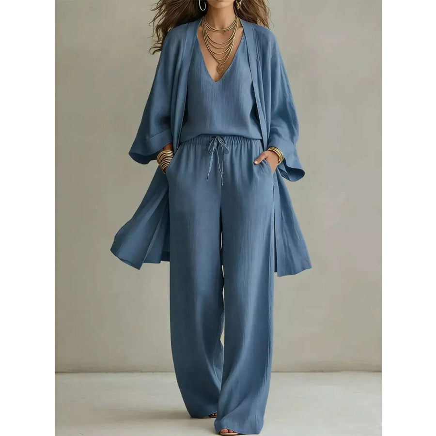 V-Neck Top & Cardigan & Pants Three-Piece Set Blue / S Apparel and Accessories