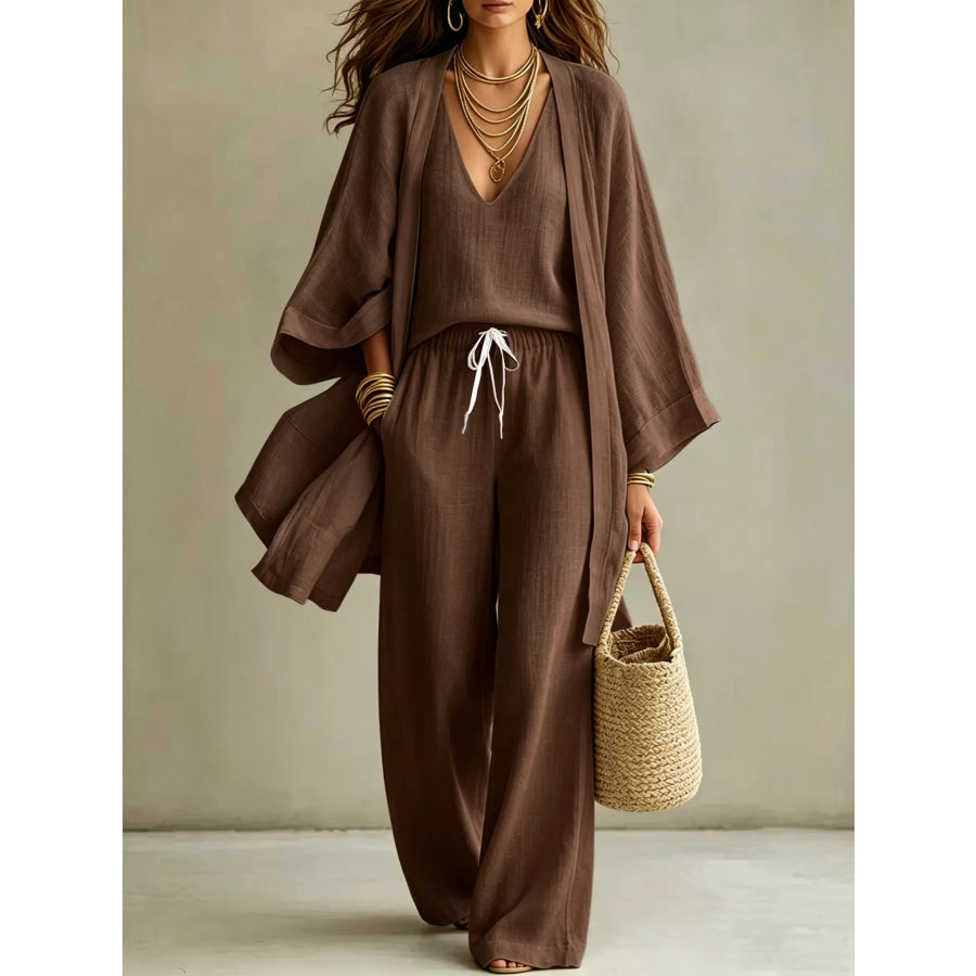 V-Neck Top & Cardigan & Pants Three-Piece Set Brown / S Apparel and Accessories