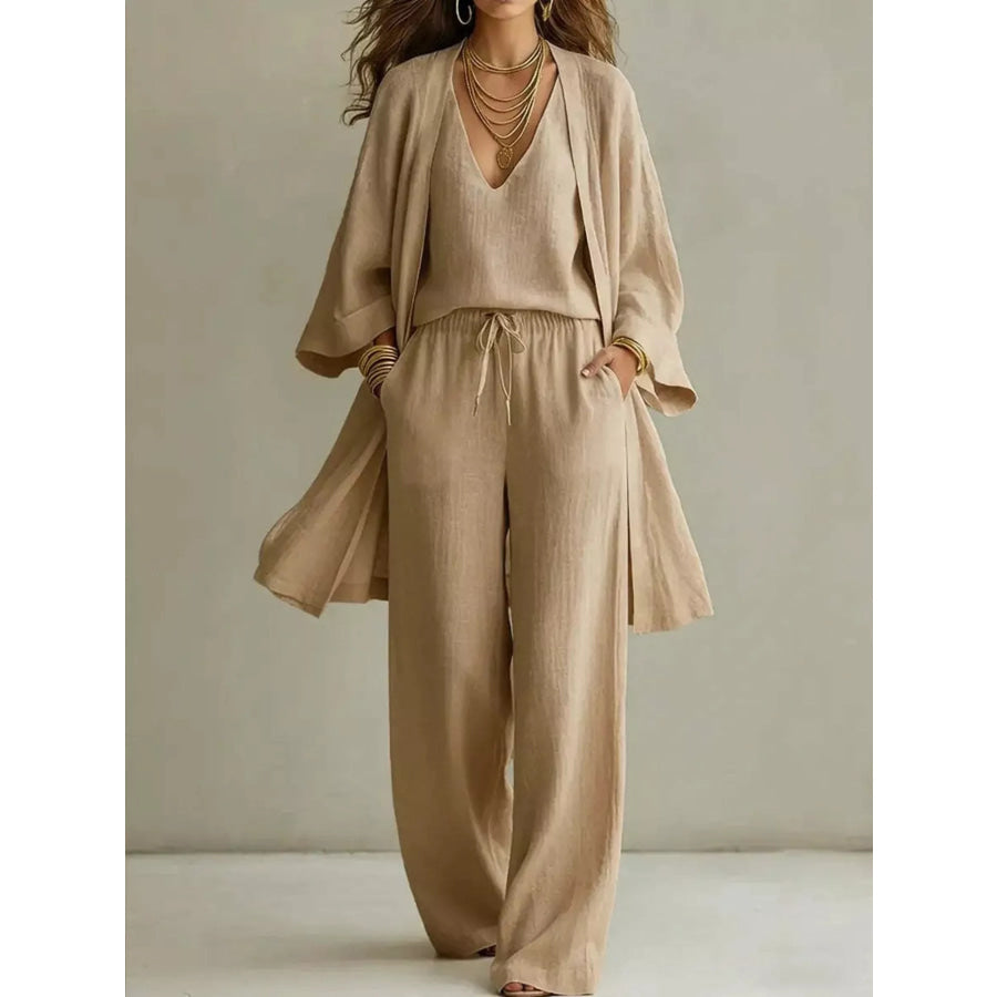 V-Neck Top & Cardigan & Pants Three-Piece Set Khaki / S Apparel and Accessories