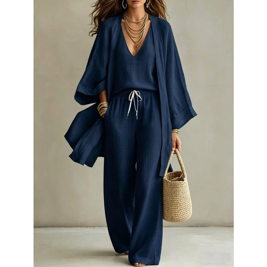 V-Neck Top & Cardigan & Pants Three-Piece Set Navy / S Apparel and Accessories